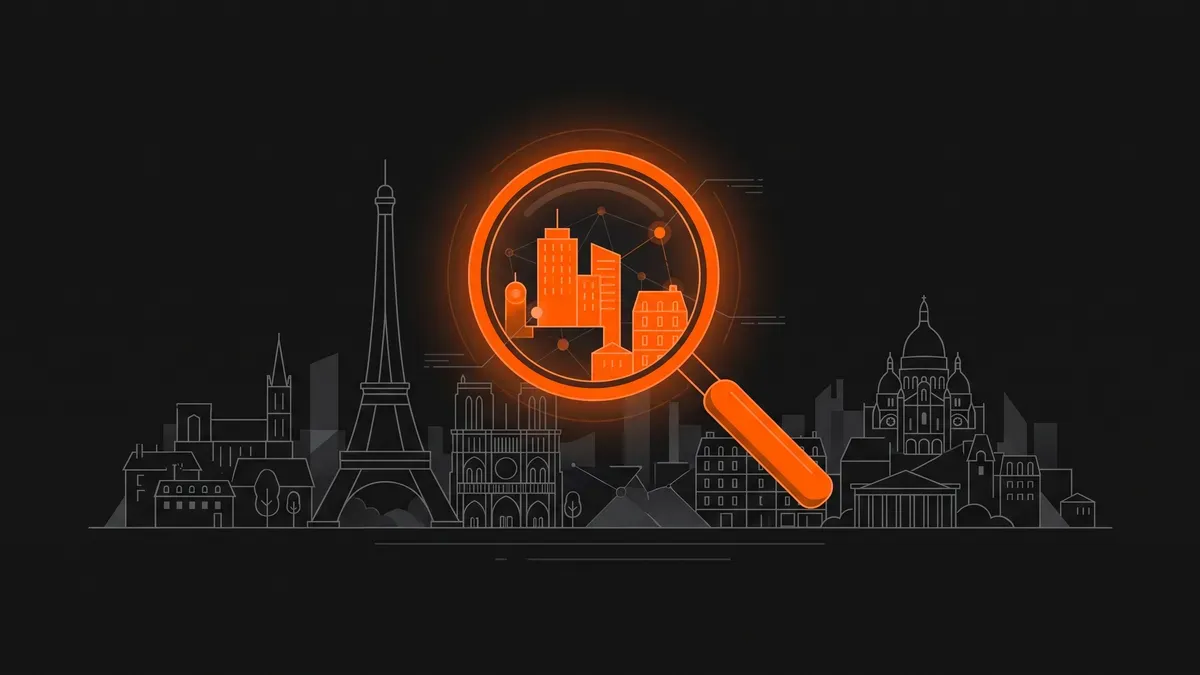 Illustration d'une loupe orange qui examine des immeubles au-dessus des toits de Paris, tour Eiffel et Sacré-Cœur dessinés en filigrane