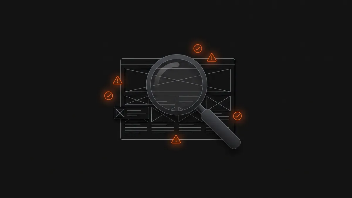 Illustration d'une loupe qui inspecte la maquette filaire d'une page web, entourée de pictogrammes d'alerte et de validation orange