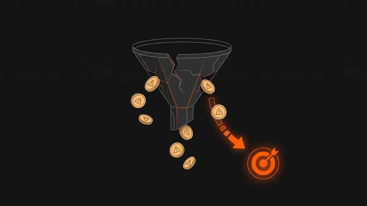 Illustration d'un entonnoir publicitaire fissuré qui laisse fuir des pièces, avec une flèche orange qui redirige le budget vers une cible