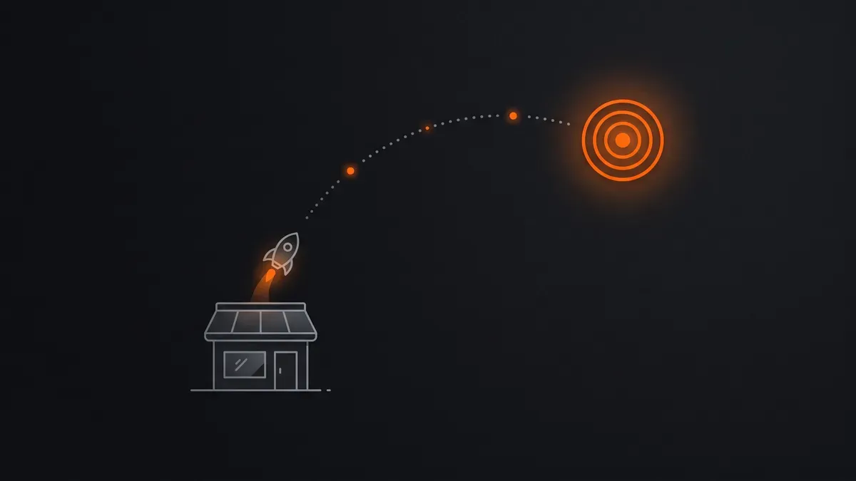 Illustration d'une fusée qui décolle du toit d'une petite boutique et trace une trajectoire en pointillés vers une cible orange