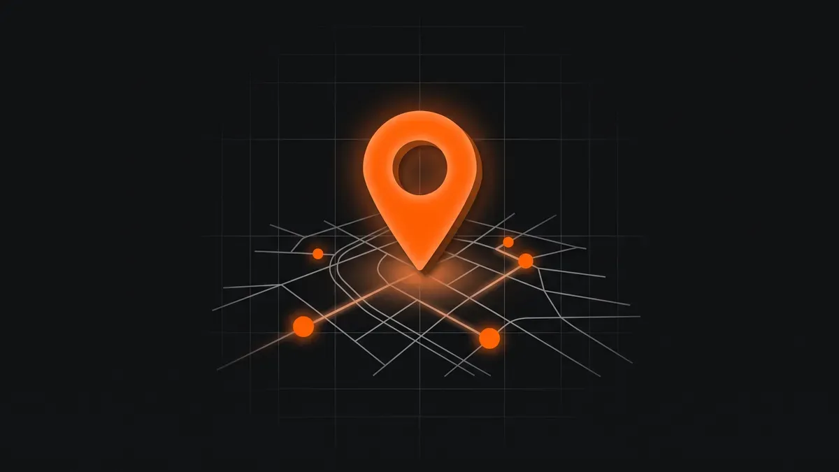 Illustration d'un repère de géolocalisation orange lumineux planté sur un plan de ville stylisé, relié à plusieurs points de la carte