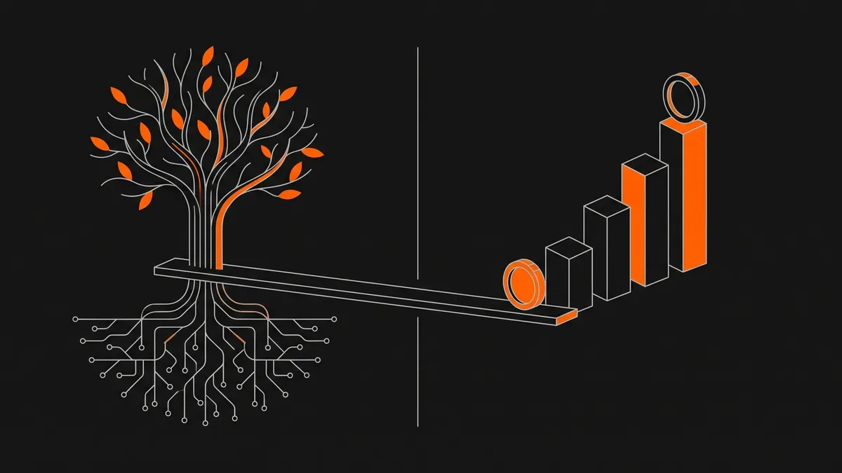 Illustration comparant le SEO, arbre aux racines en circuits imprimés, et le SEA, bascule où une pièce fait monter des barres de croissance orange